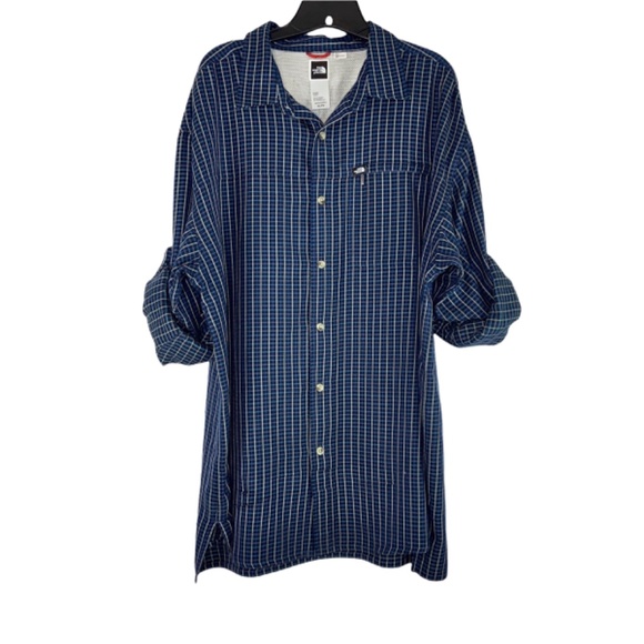 North Face Long Sleeve Button Down Shirt Roll Tab Sleeves Navy Blue Plaid - Picture 2 of 7